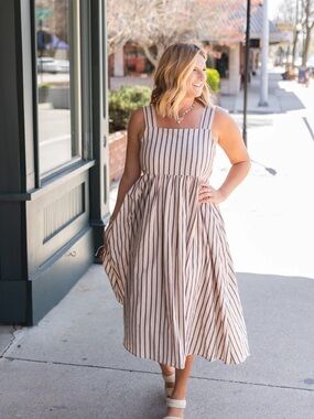 By Together Beige and Black Striped Square-Neck Midi Dress